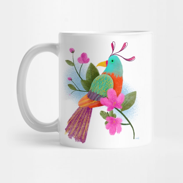 Colorful tropical bird with flowers and colorful feathers by Sgrel-art